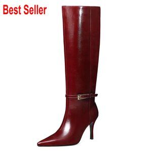 Faux Leather Knee High Boots with Stiletto Heel and Metal Buckle